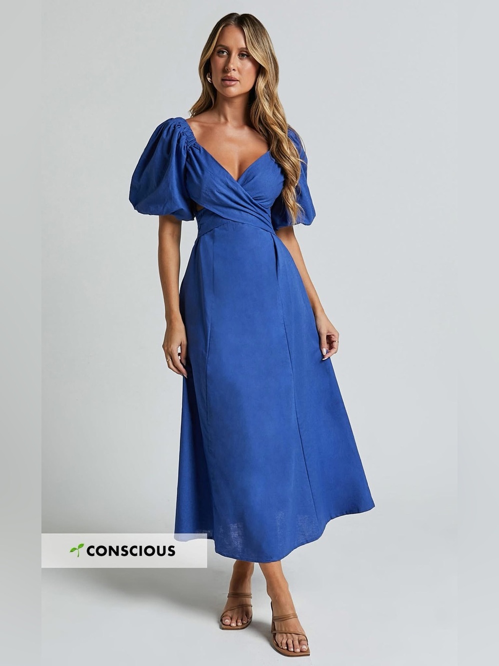 Amalie The Label Janae Linen Blend Puff Sleeve Cut Out Midi Dress in Blue, US 4